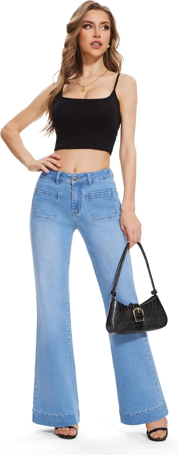 FLYING BANANA Women's Flare High Waisted Bell Bottom Wide Leg Jeans Baggy Stretch Trendy Denim with Pockets