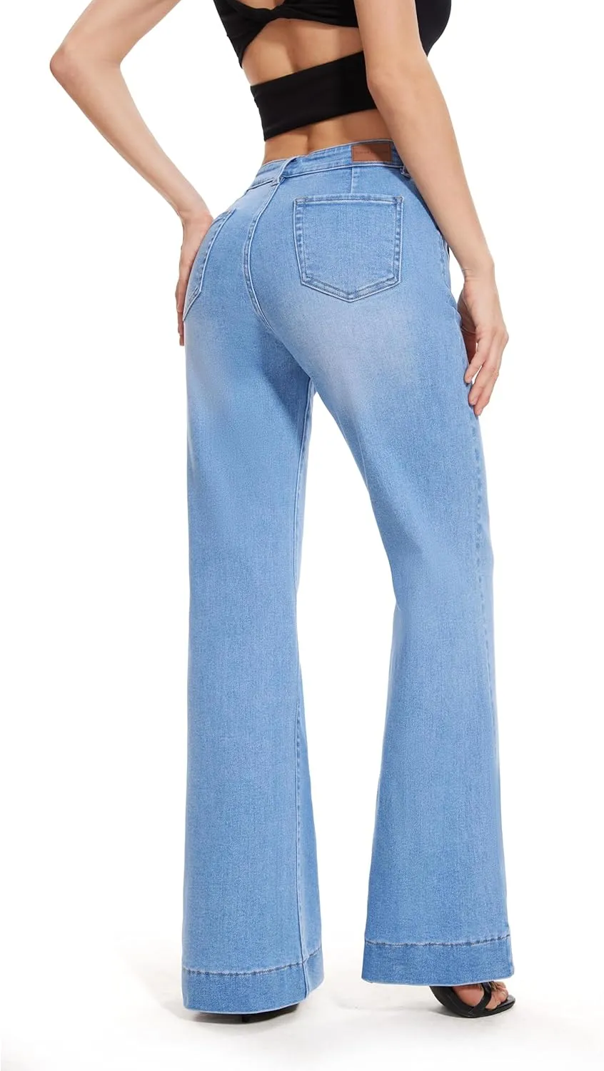 FLYING BANANA Women's Flare High Waisted Bell Bottom Wide Leg Jeans Baggy Stretch Trendy Denim with Pockets