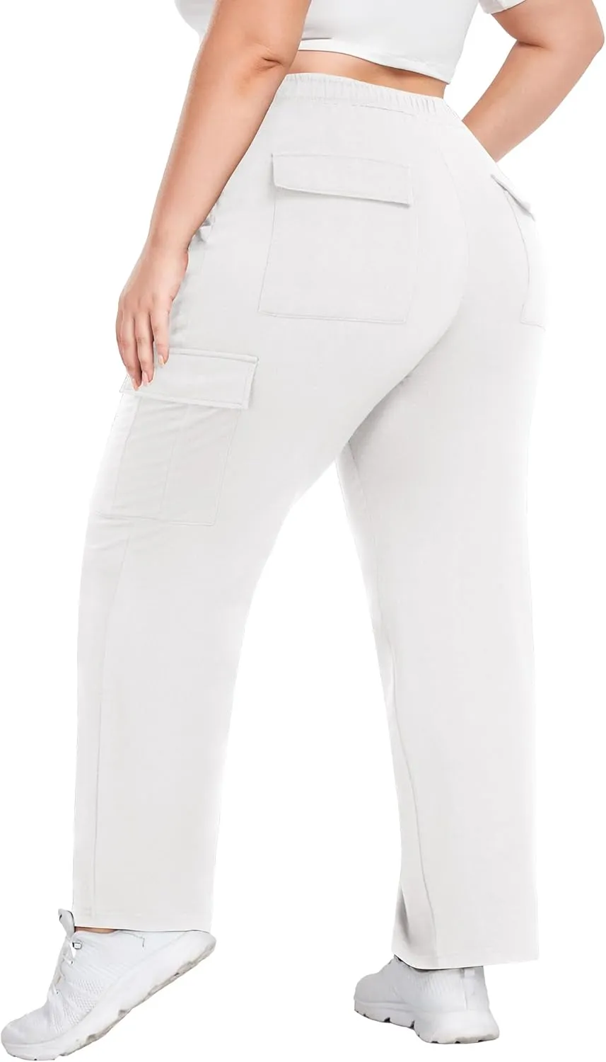 FOREYOND Plus Size Women's Cargo Sweatpants Casual Straight Leg Lounge Pants Drawstring High Waist Joggers with Pockets