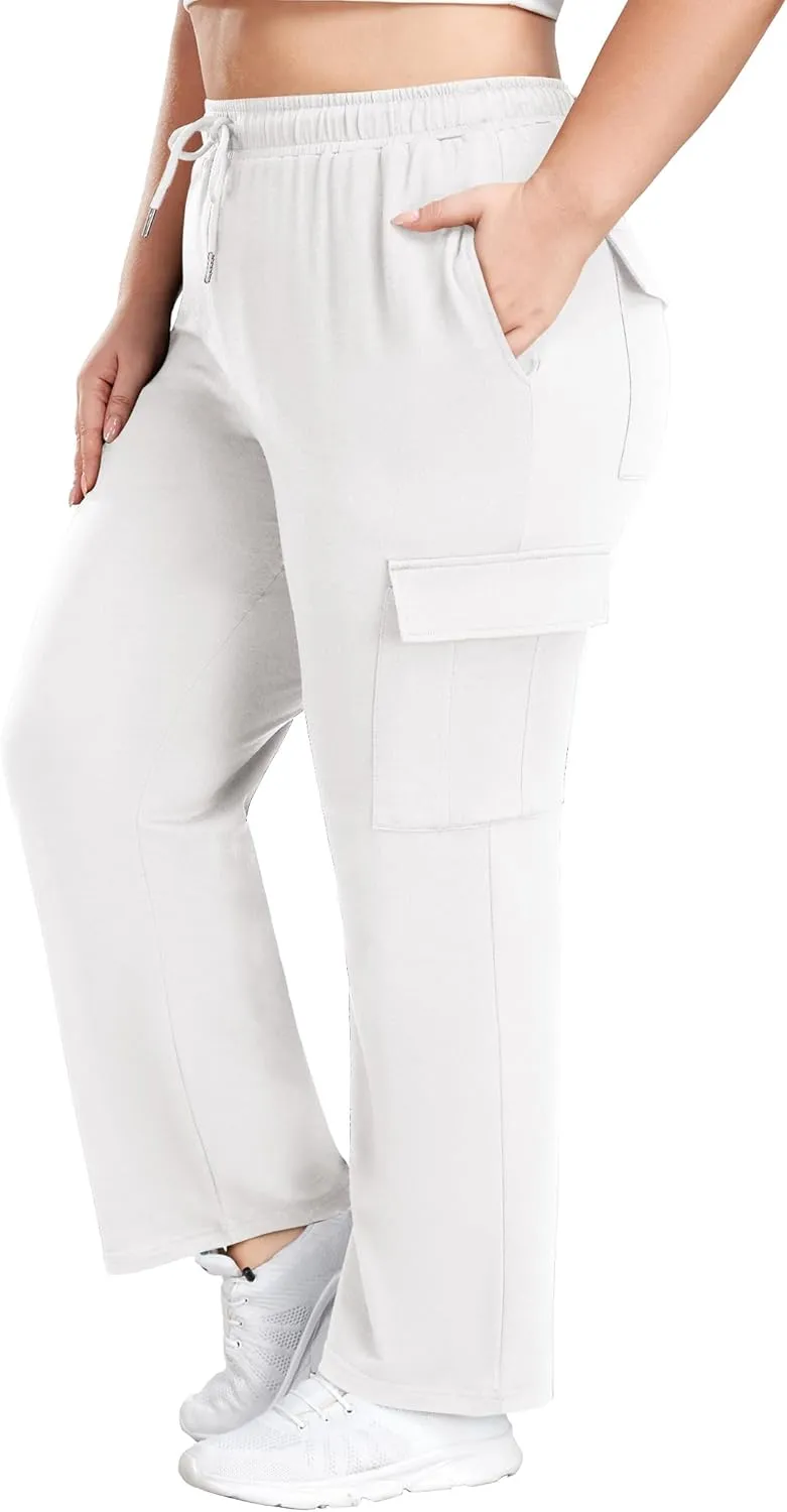 FOREYOND Plus Size Women's Cargo Sweatpants Casual Straight Leg Lounge Pants Drawstring High Waist Joggers with Pockets