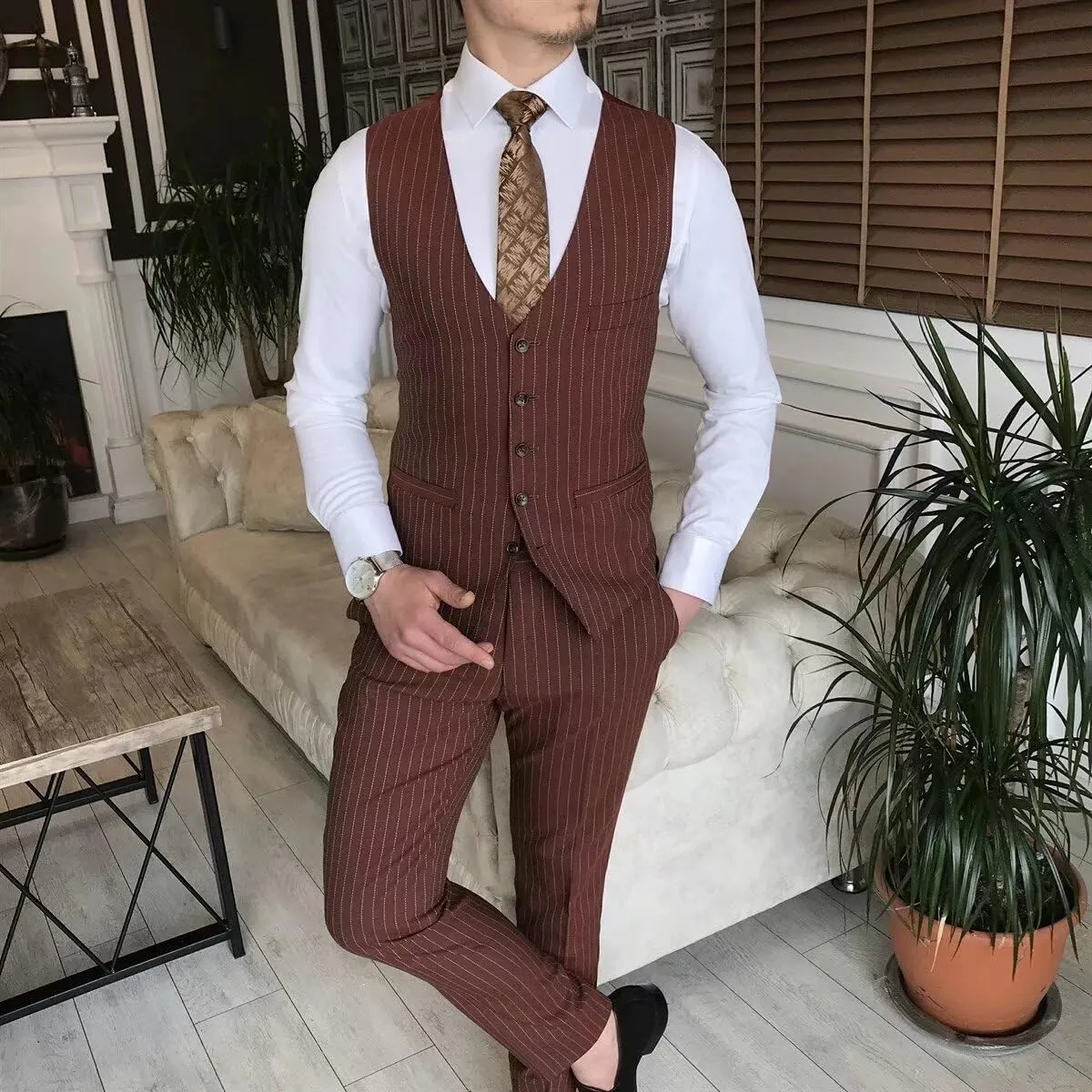 Formal Stripe Suits for Men 3 Piece Slim Fit Single Breasted Pinstripe Blazer Vest Pants Set for Wedding Prom Business
