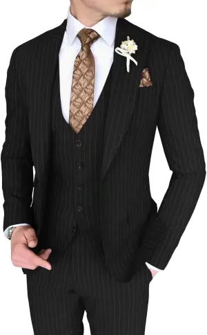 Formal Stripe Suits for Men 3 Piece Slim Fit Single Breasted Pinstripe Blazer Vest Pants Set for Wedding Prom Business