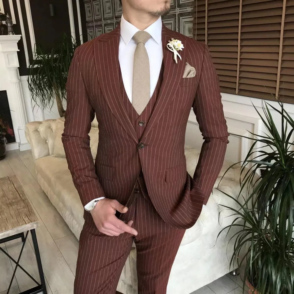 Formal Stripe Suits for Men 3 Piece Slim Fit Single Breasted Pinstripe Blazer Vest Pants Set for Wedding Prom Business