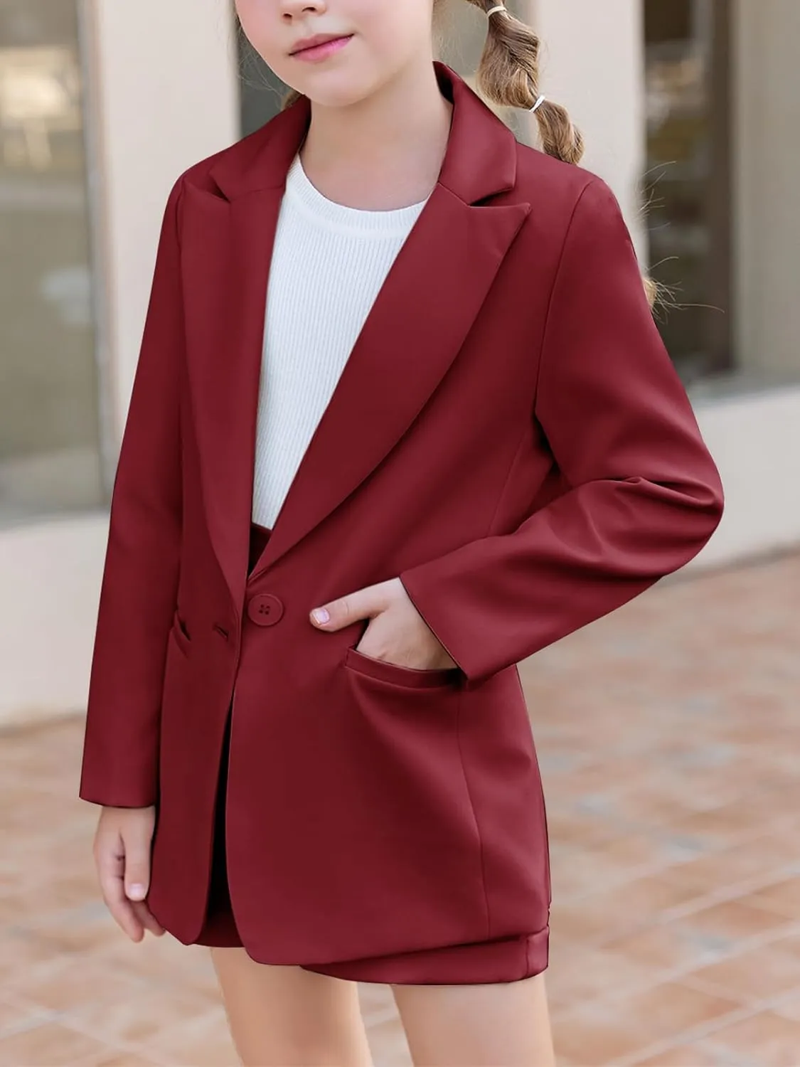 Girls 2 Piece Outfits Button Front Long Sleeve Blazer and Short Pants Suit Sets 4-14 Years