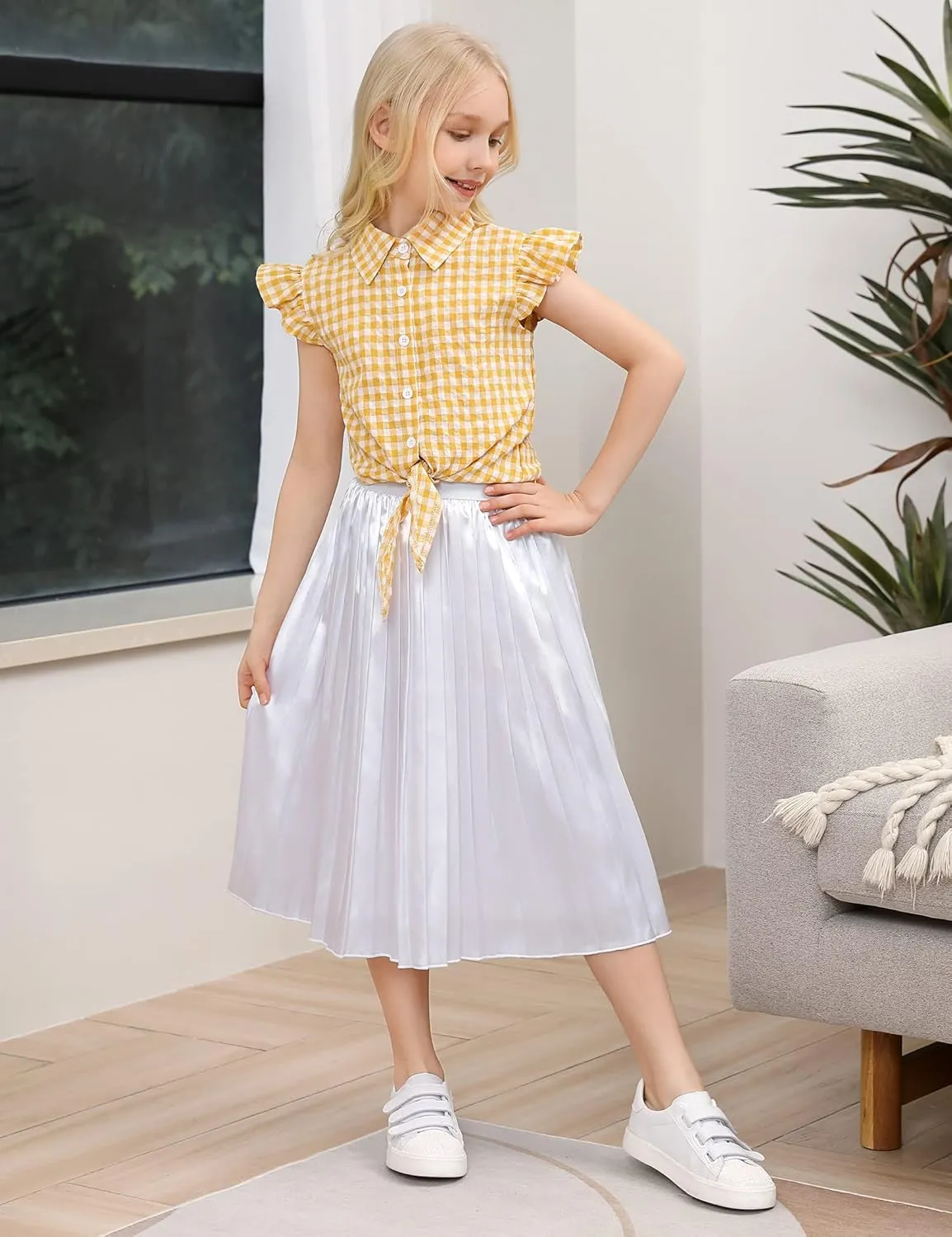 Girls Pleasted Maxi Skirt Elastic High Waist A-Line Swing Long Skirt for 3-12Y