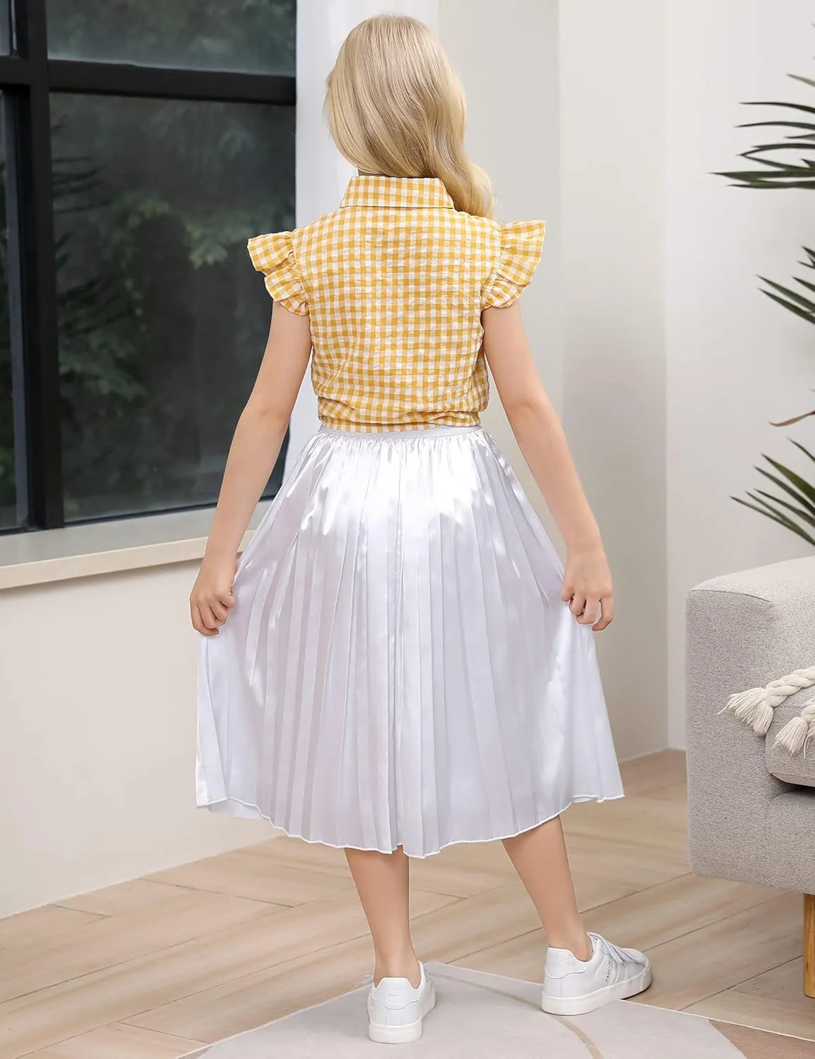 Girls Pleasted Maxi Skirt Elastic High Waist A-Line Swing Long Skirt for 3-12Y