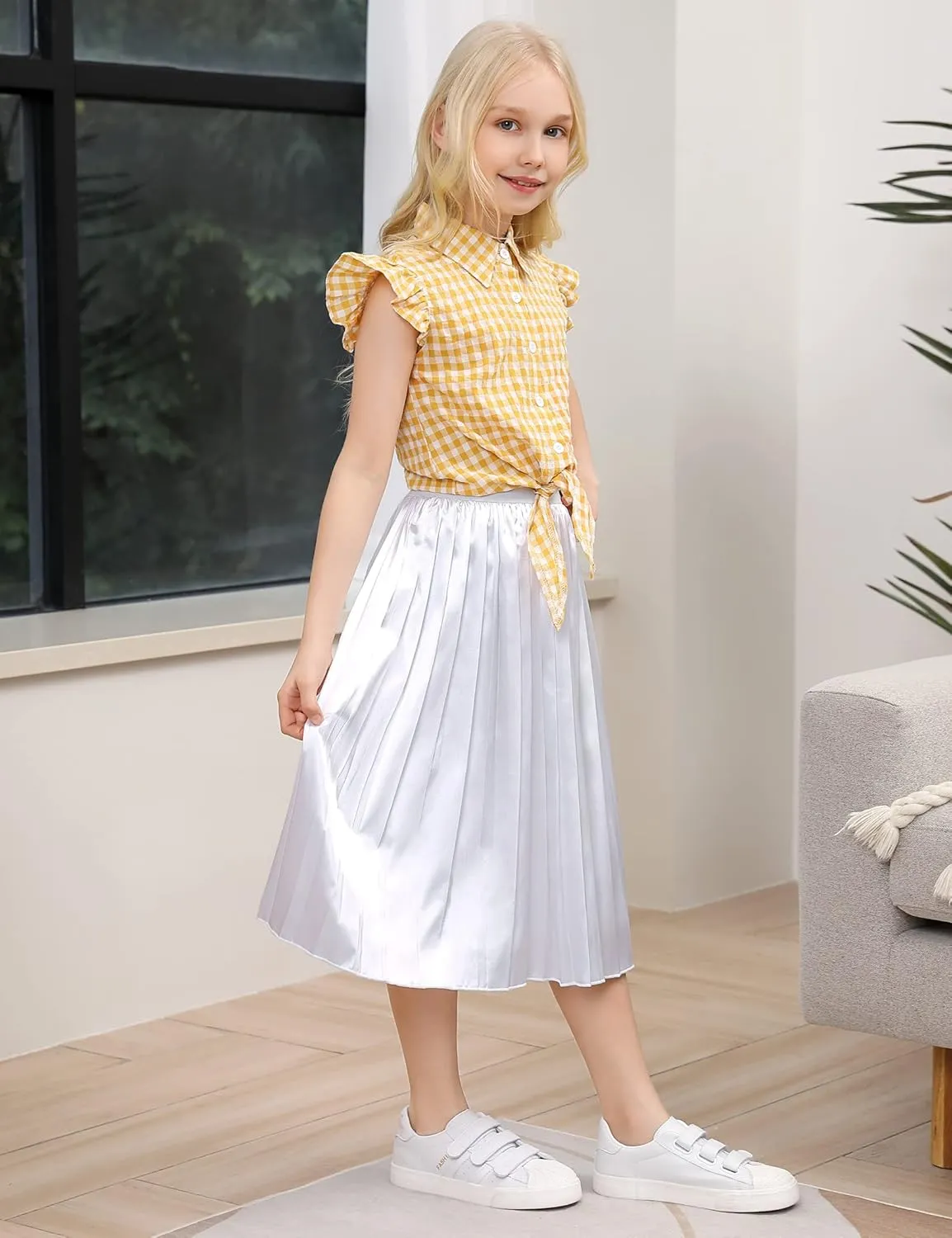 Girls Pleasted Maxi Skirt Elastic High Waist A-Line Swing Long Skirt for 3-12Y