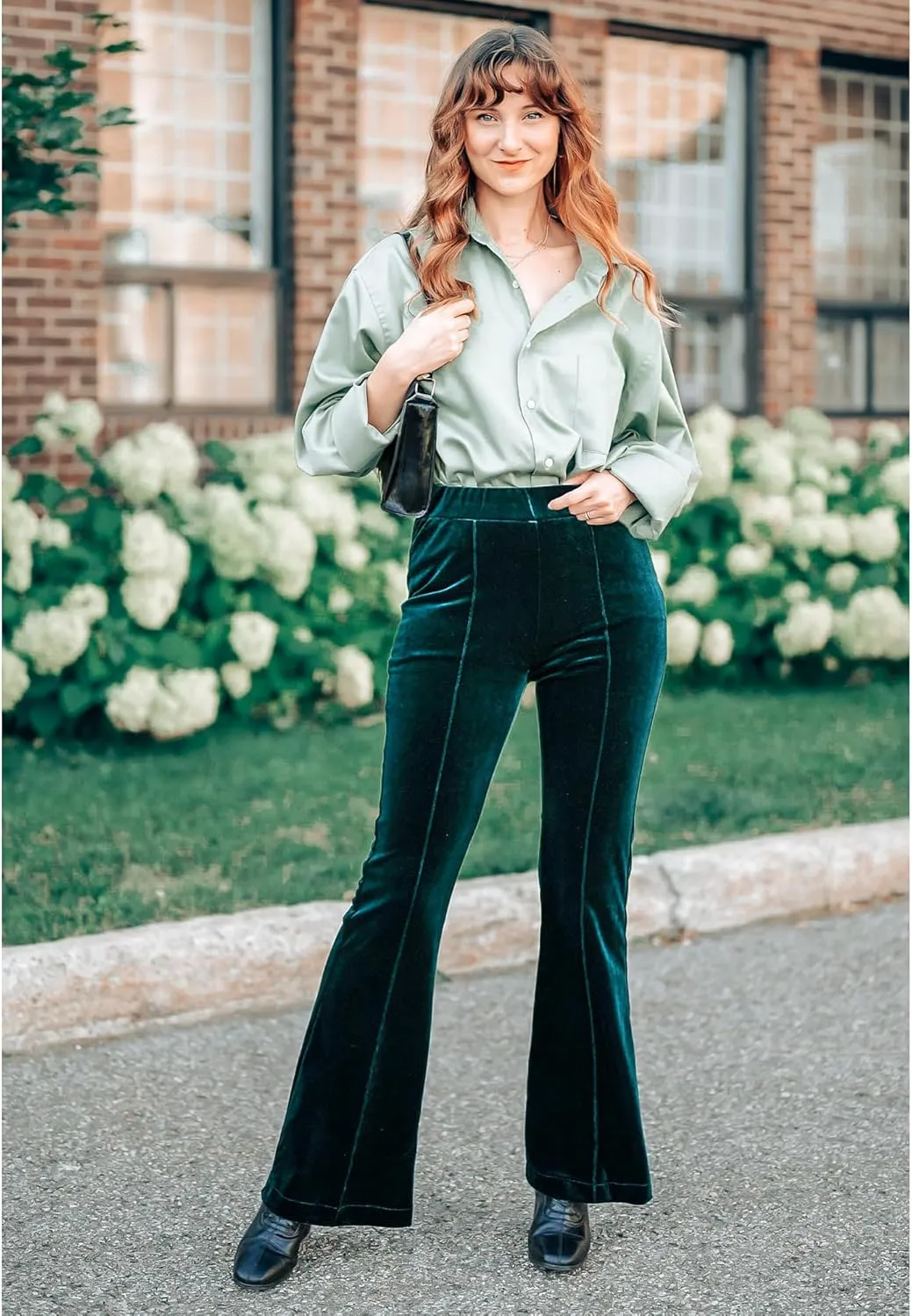 GRAPENT Flare Velvet Pants for Women High Waisted Wide Leg Stretch Elastic Waist Pull On Trousers Front Seam Slacks