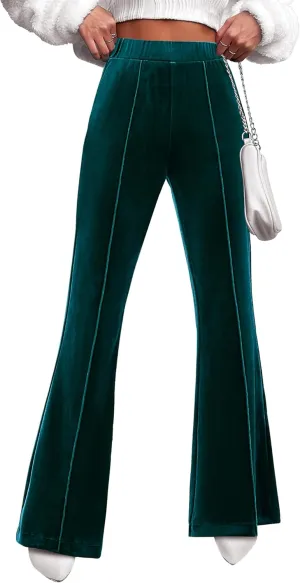 GRAPENT Flare Velvet Pants for Women High Waisted Wide Leg Stretch Elastic Waist Pull On Trousers Front Seam Slacks