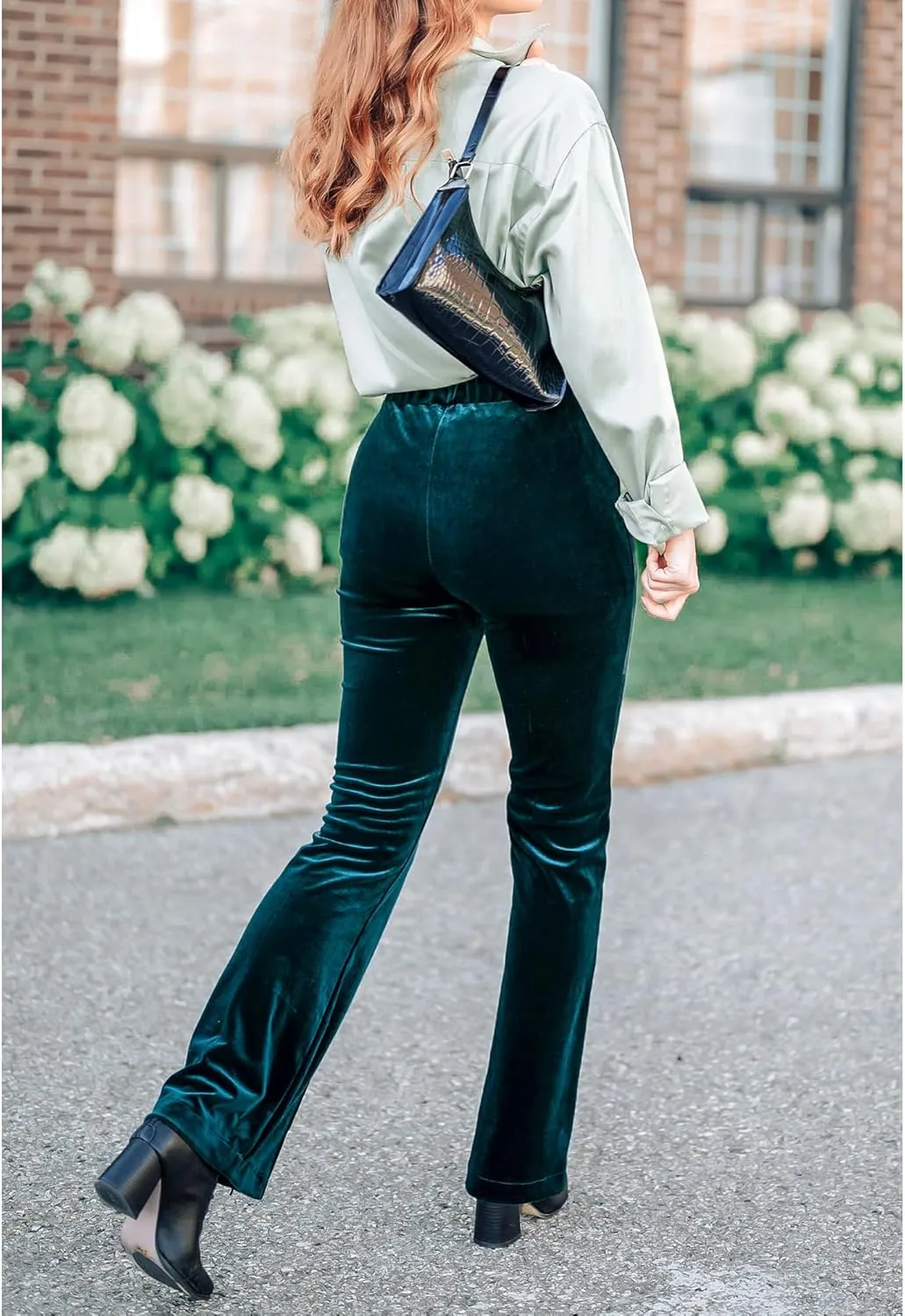 GRAPENT Flare Velvet Pants for Women High Waisted Wide Leg Stretch Elastic Waist Pull On Trousers Front Seam Slacks