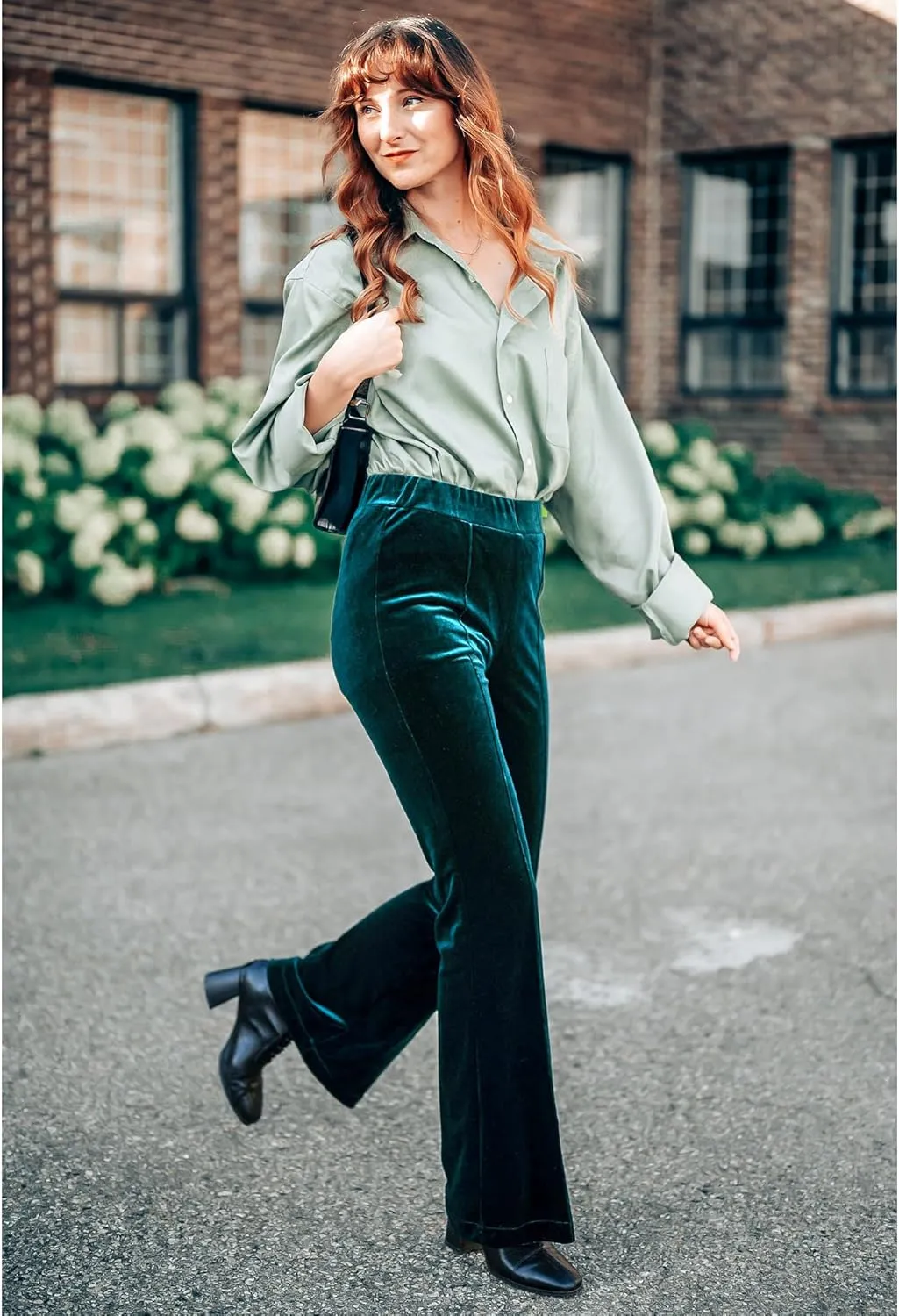 GRAPENT Flare Velvet Pants for Women High Waisted Wide Leg Stretch Elastic Waist Pull On Trousers Front Seam Slacks