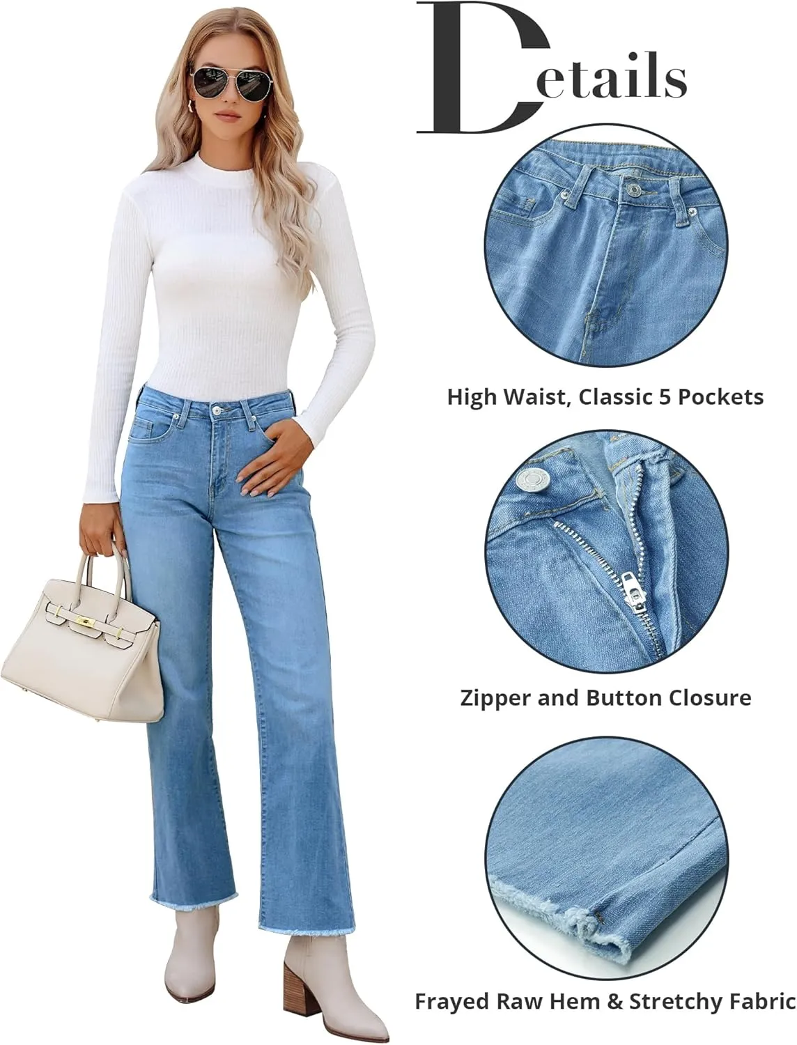 GRAPENT Straight Leg Jeans for Women High Waisted Stretchy Frayed Raw Hem Loose Denim Pants Casual Baggy Jean Trousers