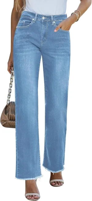 GRAPENT Straight Leg Jeans for Women High Waisted Stretchy Frayed Raw Hem Loose Denim Pants Casual Baggy Jean Trousers