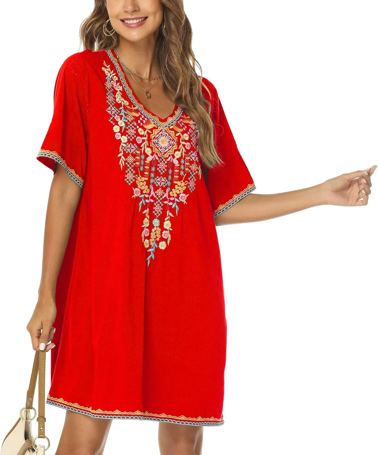 Grosy Women's Embroidered Mexican Peasant Dresses, Plus Size Fiesta Boho Dress for Women, Traditional Floral Bohemian Tunic