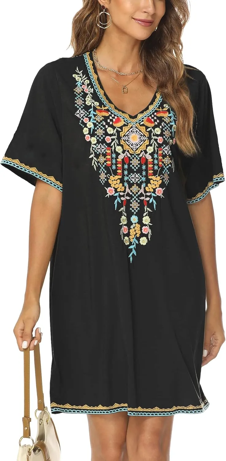 Grosy Women's Embroidered Mexican Peasant Dresses, Plus Size Fiesta Boho Dress for Women, Traditional Floral Bohemian Tunic