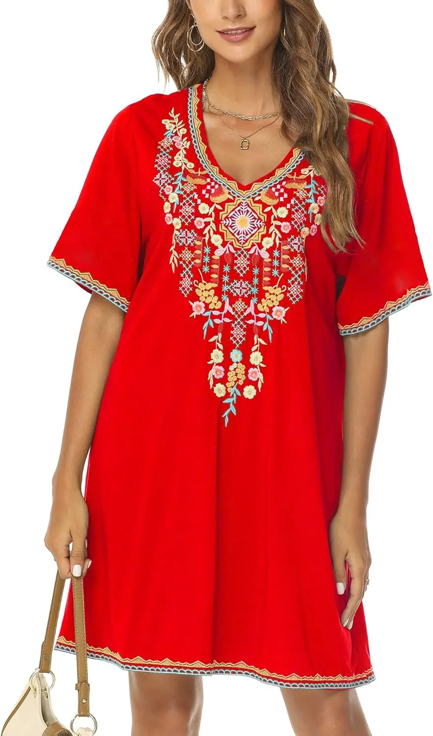 Grosy Women's Embroidered Mexican Peasant Dresses, Plus Size Fiesta Boho Dress for Women, Traditional Floral Bohemian Tunic
