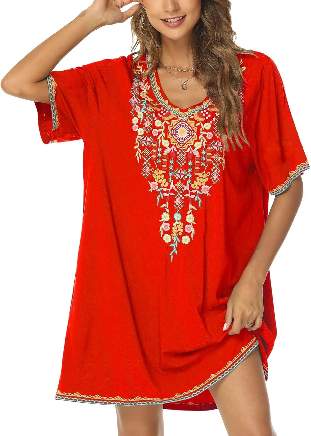Grosy Women's Embroidered Mexican Peasant Dresses, Plus Size Fiesta Boho Dress for Women, Traditional Floral Bohemian Tunic