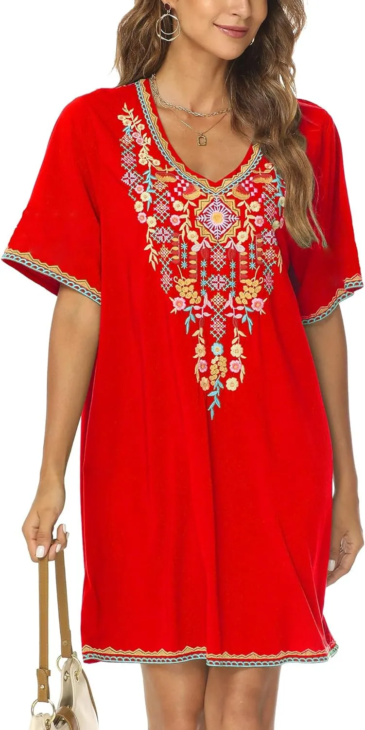 Grosy Women's Embroidered Mexican Peasant Dresses, Plus Size Fiesta Boho Dress for Women, Traditional Floral Bohemian Tunic
