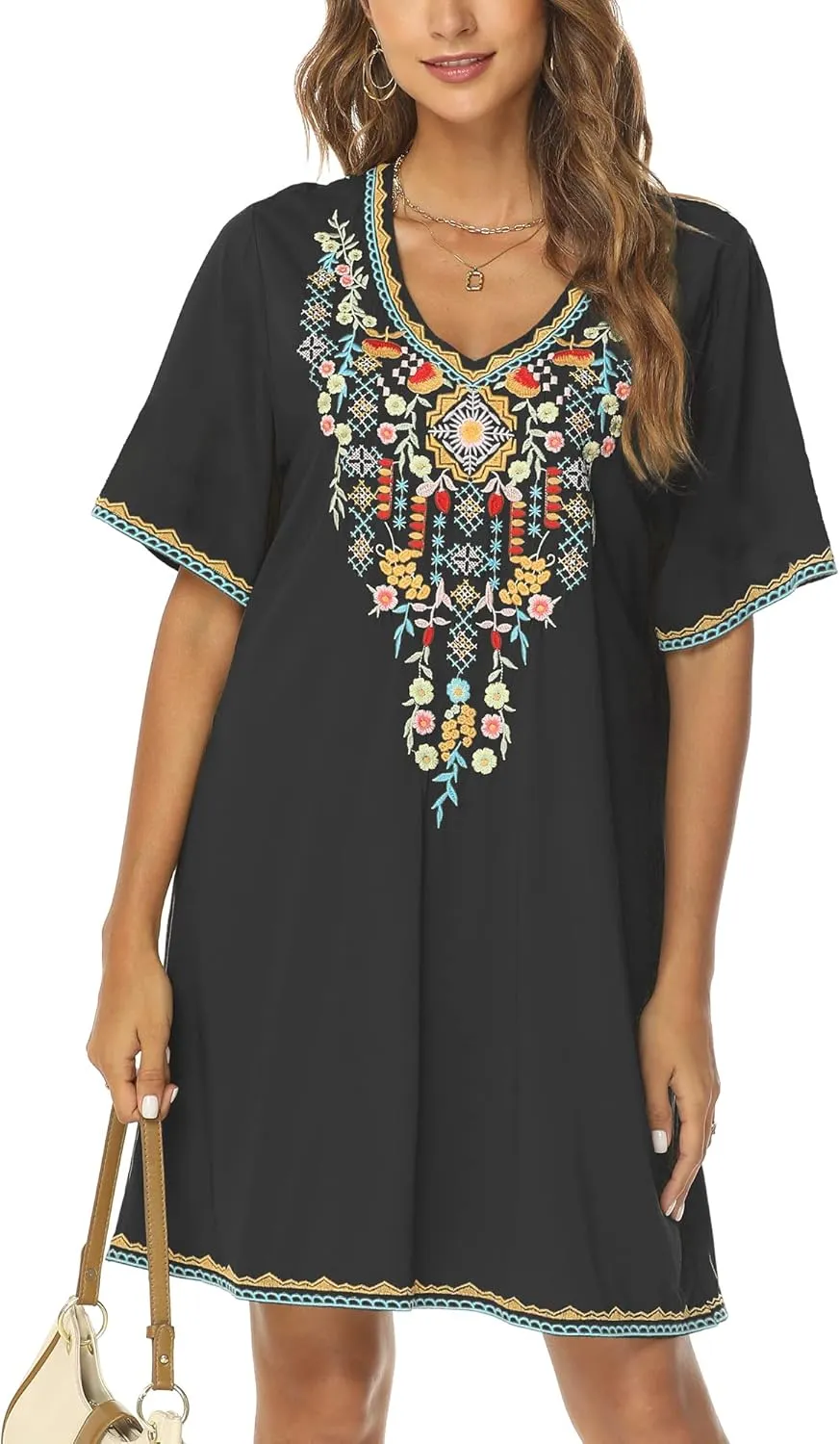 Grosy Women's Embroidered Mexican Peasant Dresses, Plus Size Fiesta Boho Dress for Women, Traditional Floral Bohemian Tunic