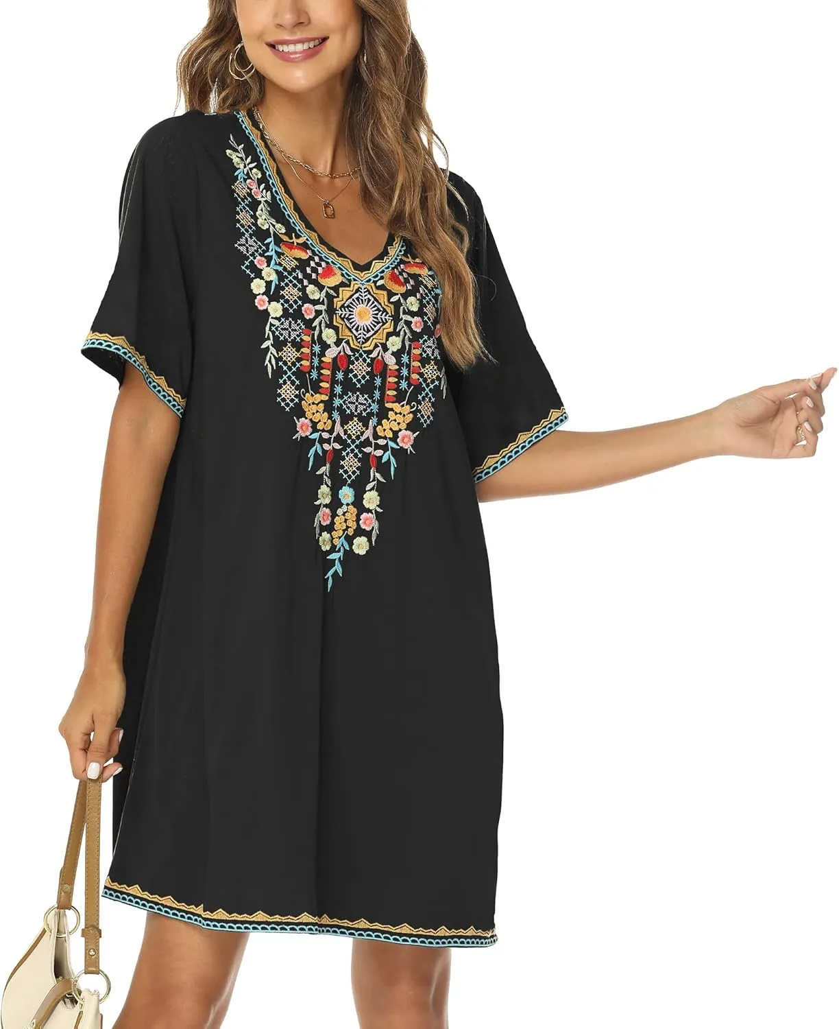 Grosy Women's Embroidered Mexican Peasant Dresses, Plus Size Fiesta Boho Dress for Women, Traditional Floral Bohemian Tunic