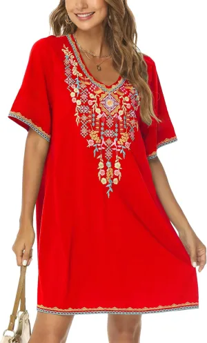 Grosy Women's Embroidered Mexican Peasant Dresses, Plus Size Fiesta Boho Dress for Women, Traditional Floral Bohemian Tunic