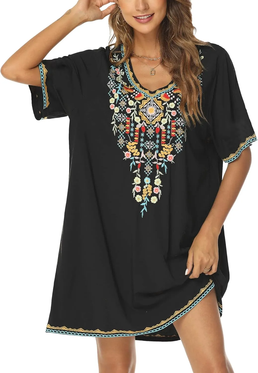 Grosy Women's Embroidered Mexican Peasant Dresses, Plus Size Fiesta Boho Dress for Women, Traditional Floral Bohemian Tunic