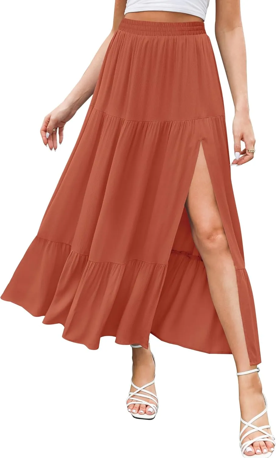 HAEOF Women's 2025 Summer Boho Flowy Maxi Skirt Trendy Slit Elastic High Waist A Line Beach Long Skirts with Pockets