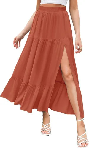 HAEOF Women's 2025 Summer Boho Flowy Maxi Skirt Trendy Slit Elastic High Waist A Line Beach Long Skirts with Pockets