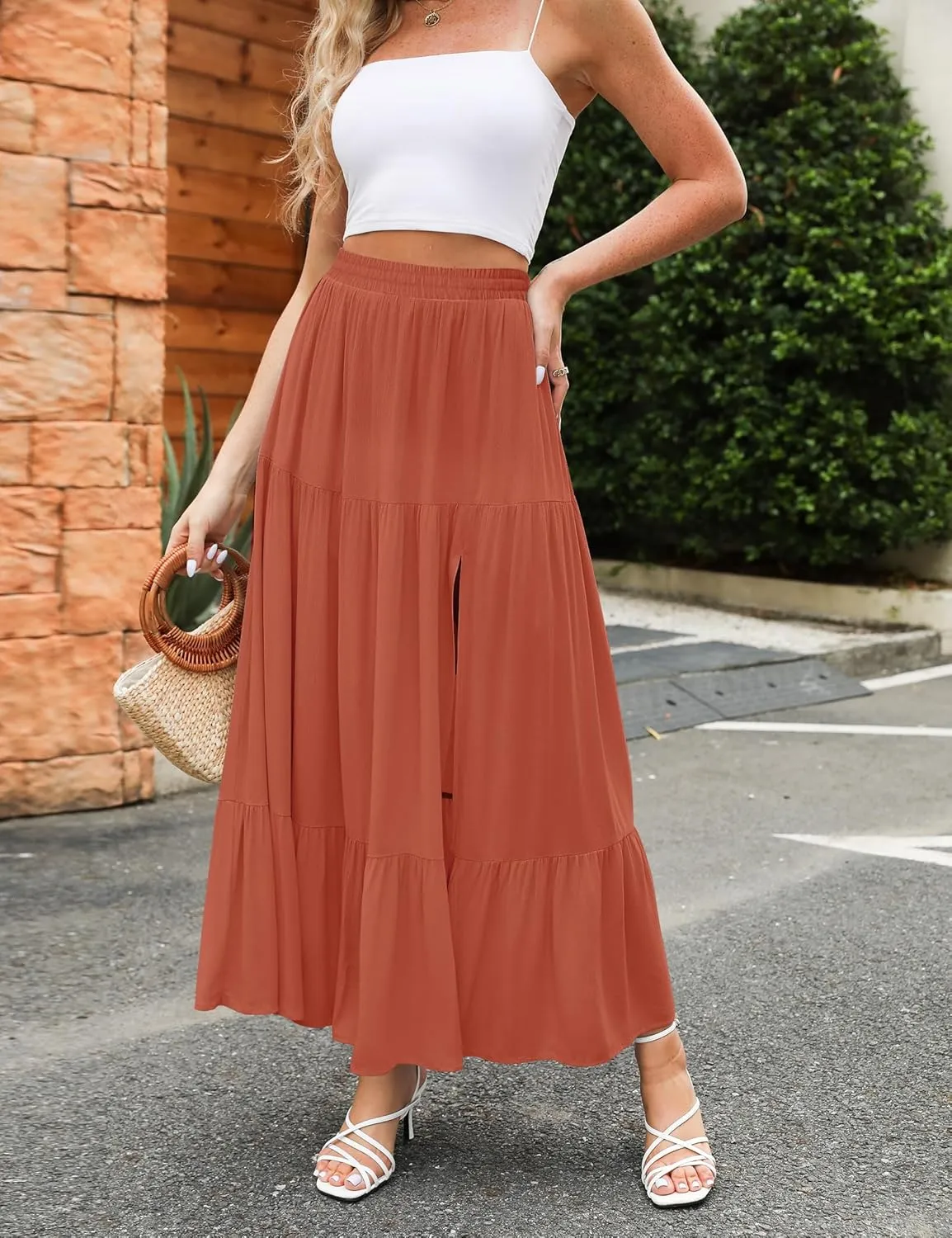HAEOF Women's 2025 Summer Boho Flowy Maxi Skirt Trendy Slit Elastic High Waist A Line Beach Long Skirts with Pockets