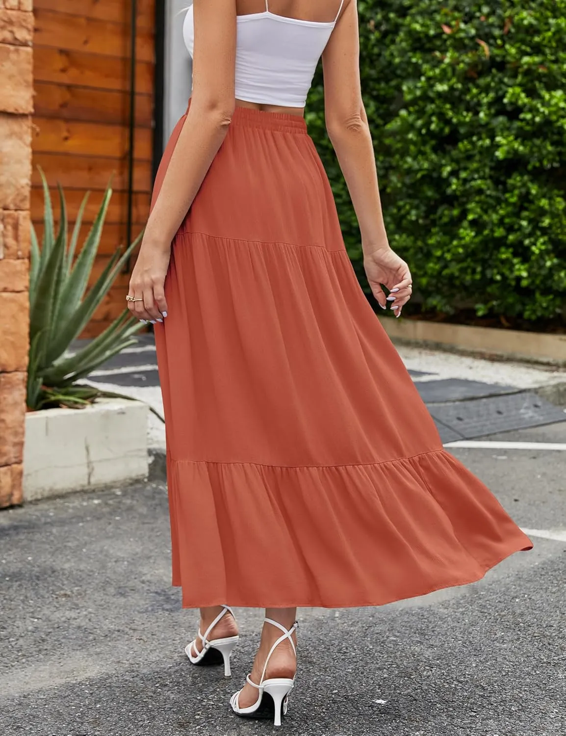HAEOF Women's 2025 Summer Boho Flowy Maxi Skirt Trendy Slit Elastic High Waist A Line Beach Long Skirts with Pockets