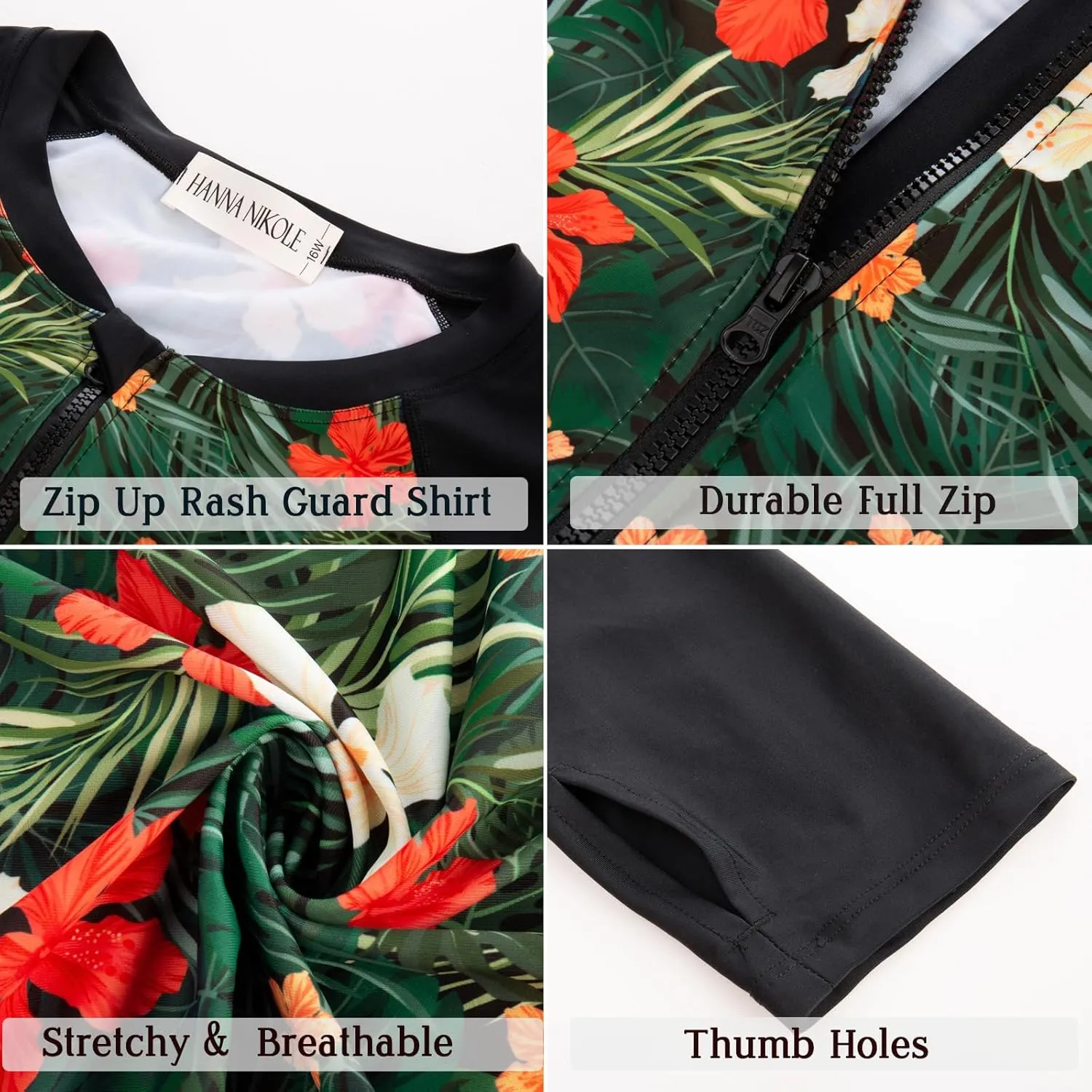 Hanna Nikole Women 3 Piece Rash Guard Long Sleeve Swimsuit Plus Size Modest Zipper UV Sun Protection Swim Shirt Shorts