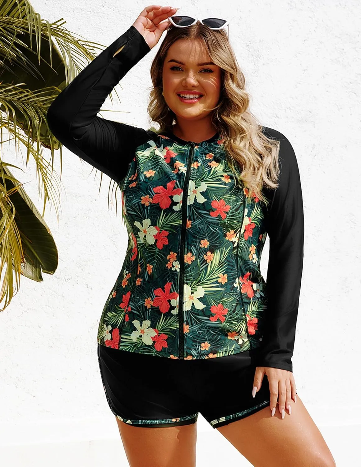 Hanna Nikole Women 3 Piece Rash Guard Long Sleeve Swimsuit Plus Size Modest Zipper UV Sun Protection Swim Shirt Shorts