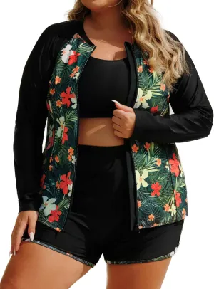 Hanna Nikole Women 3 Piece Rash Guard Long Sleeve Swimsuit Plus Size Modest Zipper UV Sun Protection Swim Shirt Shorts