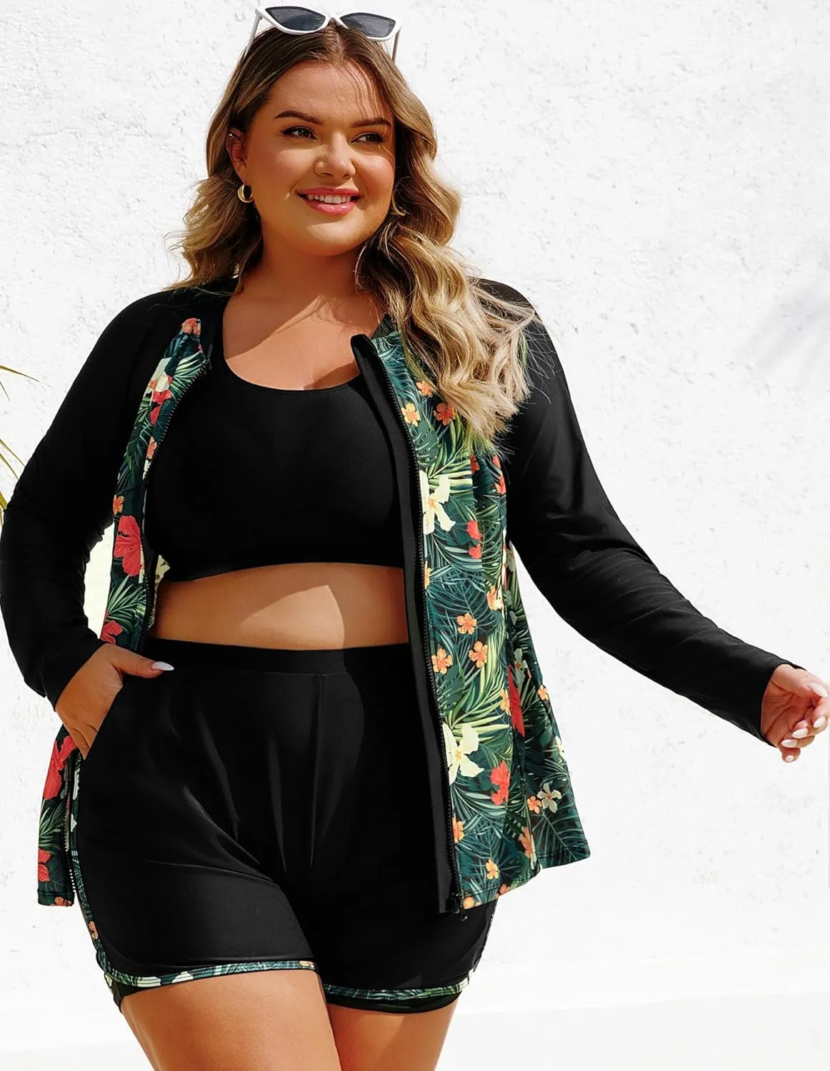 Hanna Nikole Women 3 Piece Rash Guard Long Sleeve Swimsuit Plus Size Modest Zipper UV Sun Protection Swim Shirt Shorts