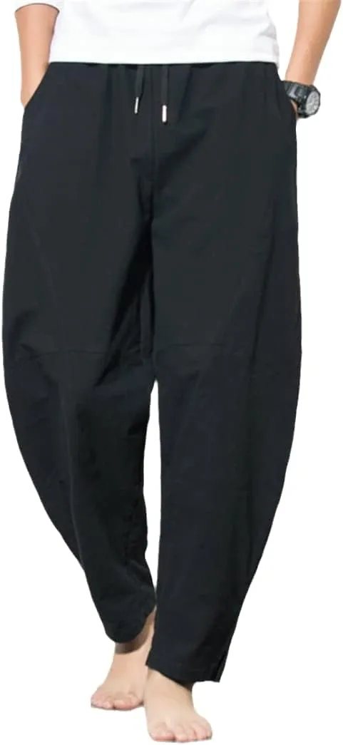 Harem Pants Men's Cotton Linen Loose Pants Male Casual Solid Color Pants Trousers Chinese Style Plus Size Sweatpants Black XXXL