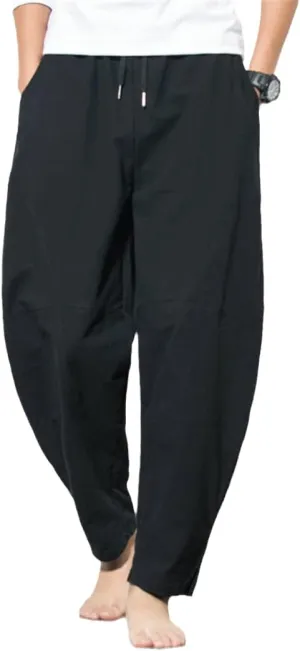 Harem Pants Men's Cotton Linen Loose Pants Male Casual Solid Color Pants Trousers Chinese Style Plus Size Sweatpants Black XXXL