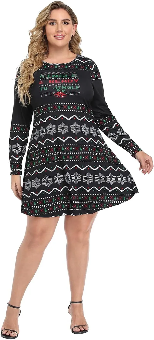 HDE Womens Plus Size Party Dress Ugly Christmas Sweater Long Sleeve Skater Dress