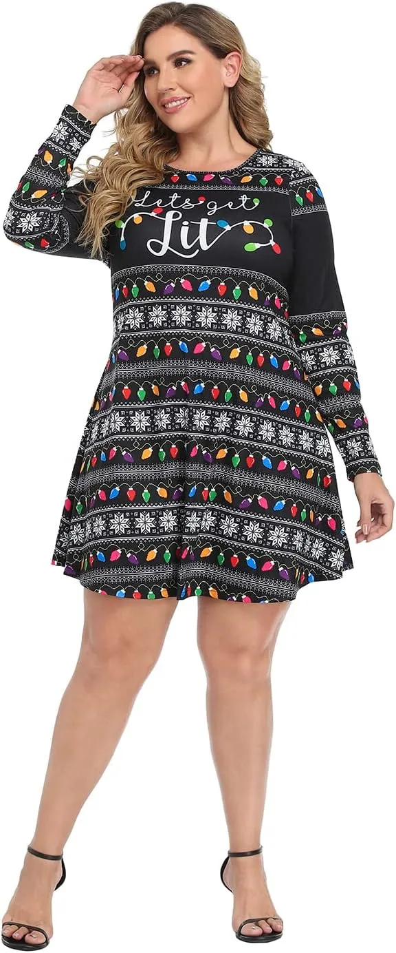 HDE Womens Plus Size Party Dress Ugly Christmas Sweater Long Sleeve Skater Dress