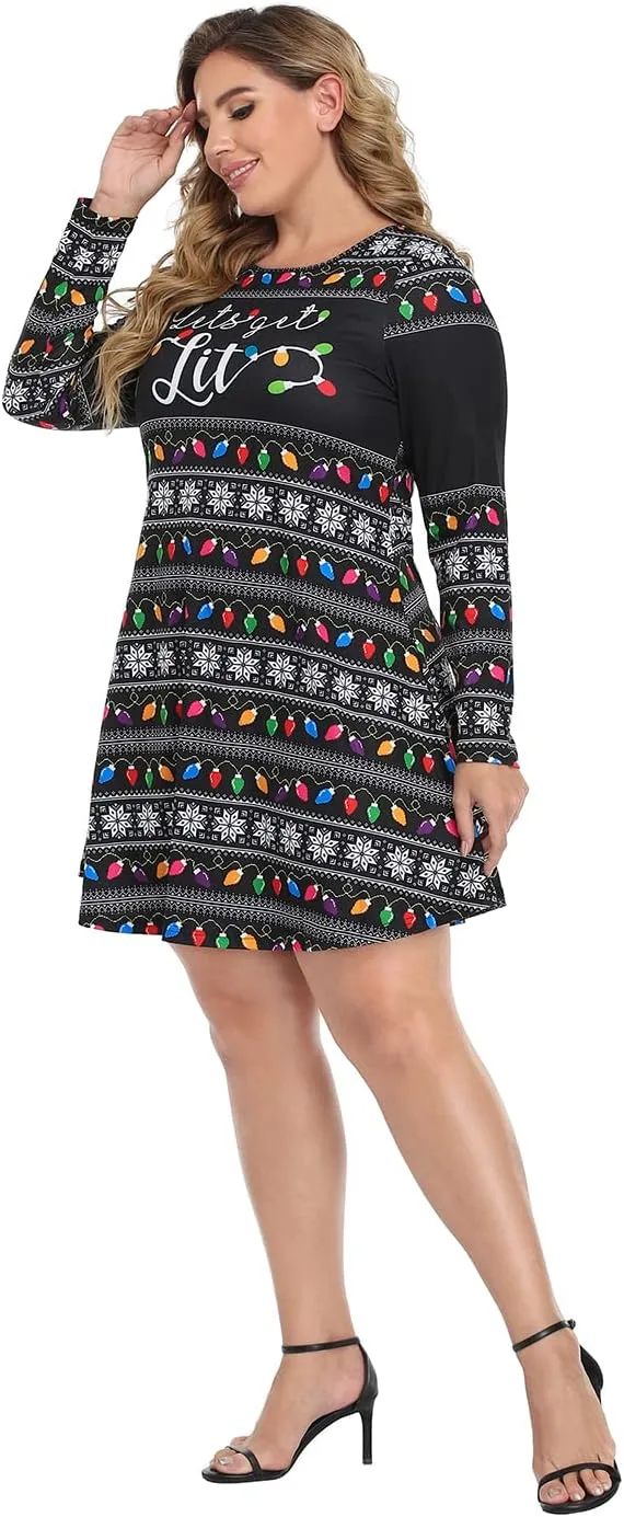 HDE Womens Plus Size Party Dress Ugly Christmas Sweater Long Sleeve Skater Dress
