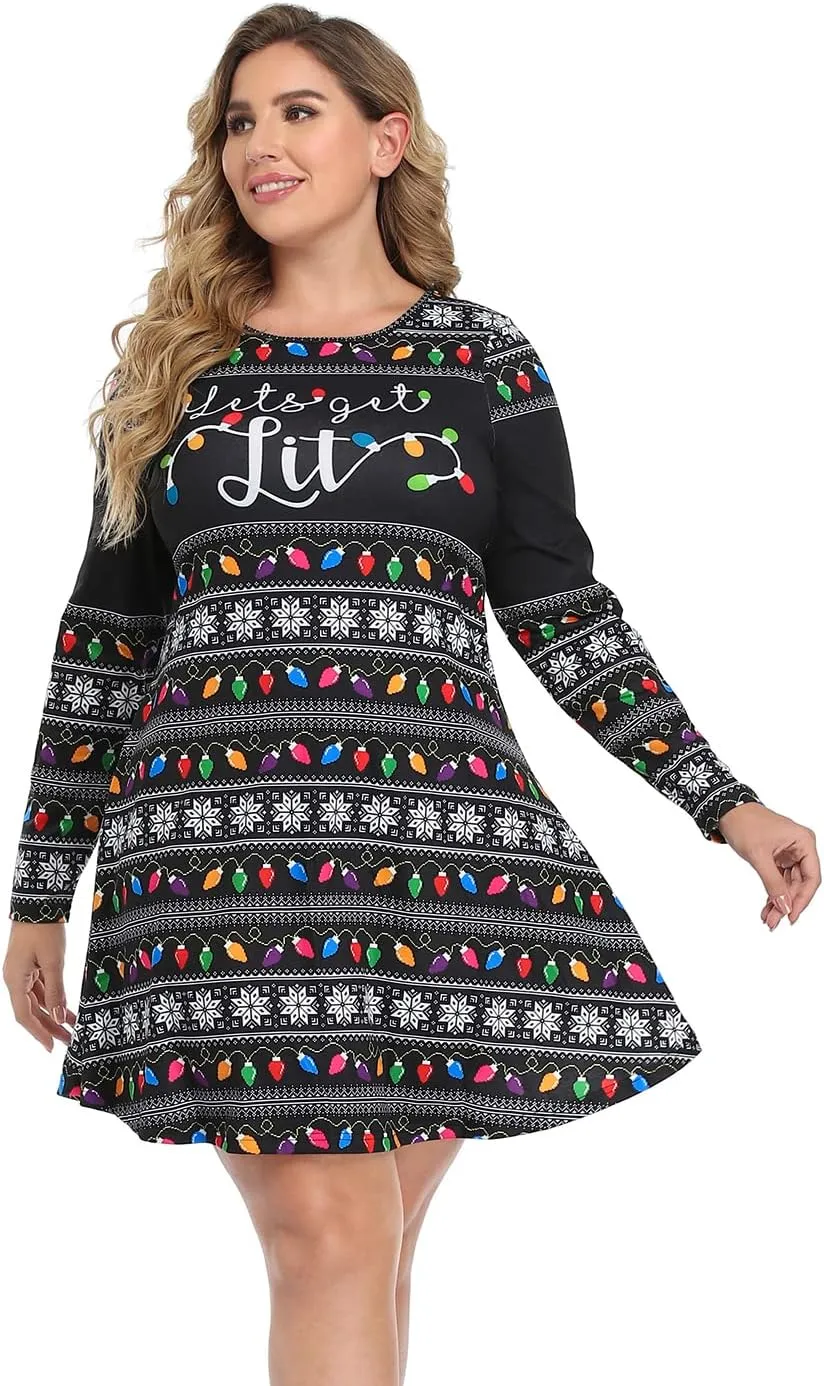 HDE Womens Plus Size Party Dress Ugly Christmas Sweater Long Sleeve Skater Dress