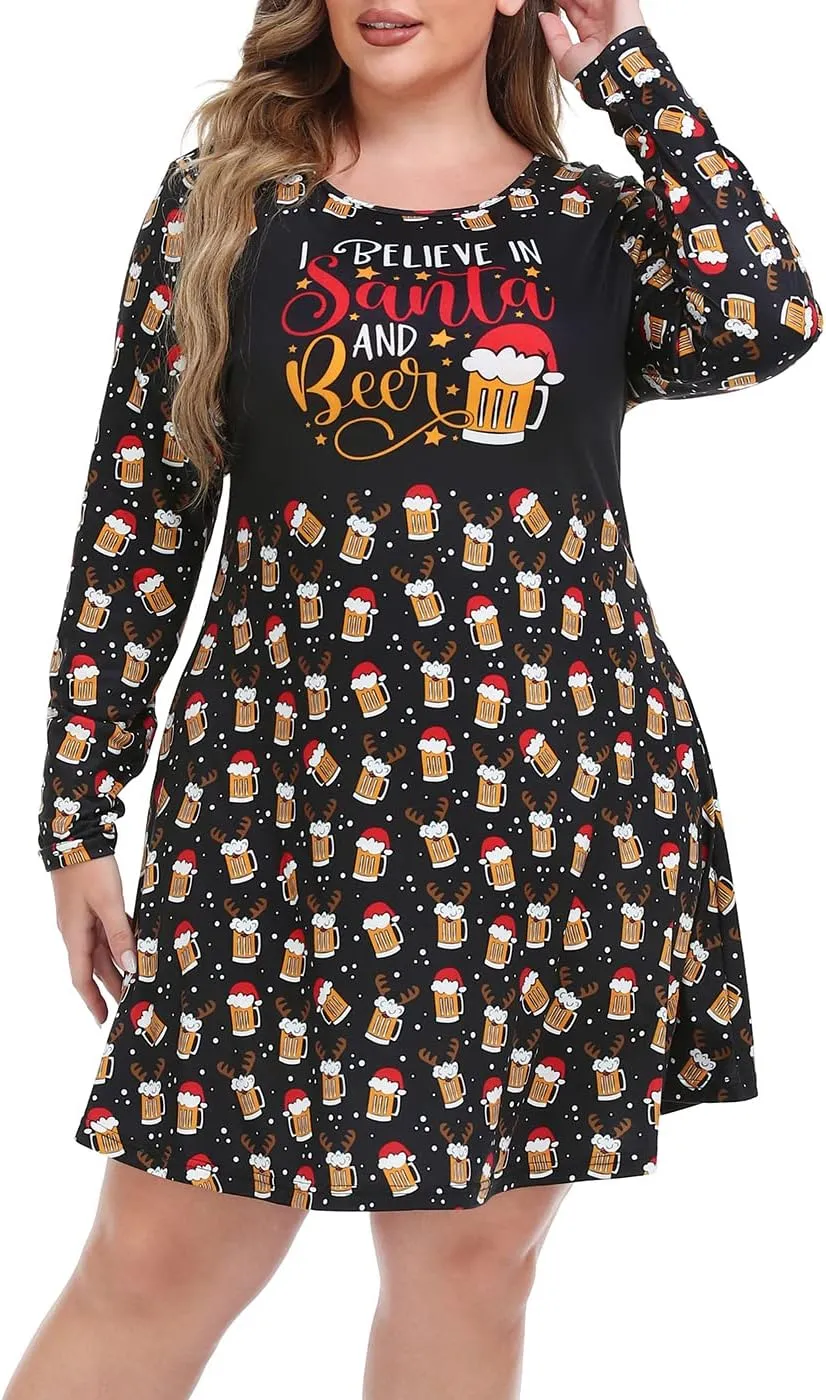 HDE Womens Plus Size Party Dress Ugly Christmas Sweater Long Sleeve Skater Dress