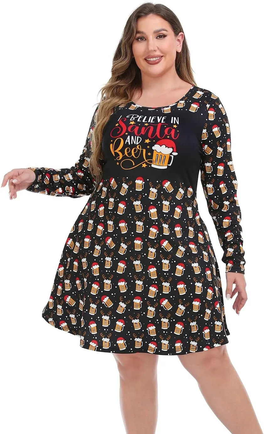 HDE Womens Plus Size Party Dress Ugly Christmas Sweater Long Sleeve Skater Dress