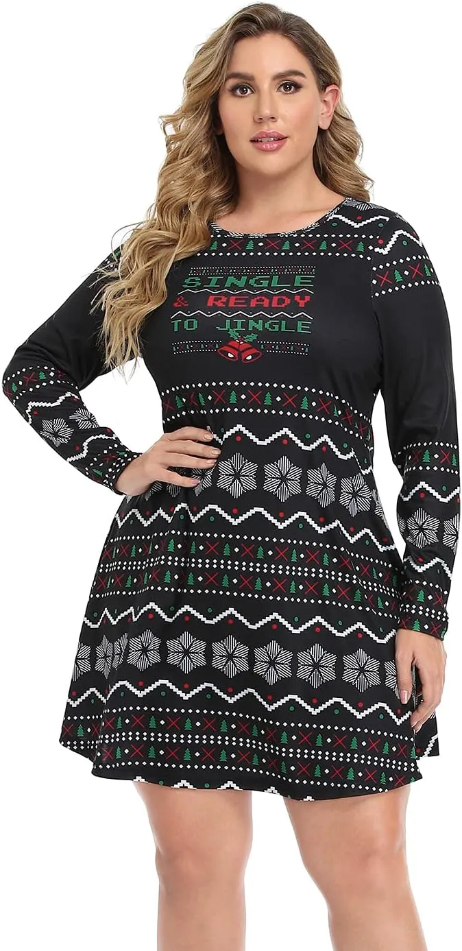 HDE Womens Plus Size Party Dress Ugly Christmas Sweater Long Sleeve Skater Dress