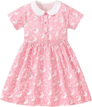 HILEELANG Toddler Girl Short Sleeve Dress Cotton Casual Spring Summer Easter Applique Playwear Dresse Size 2-8 Yeras