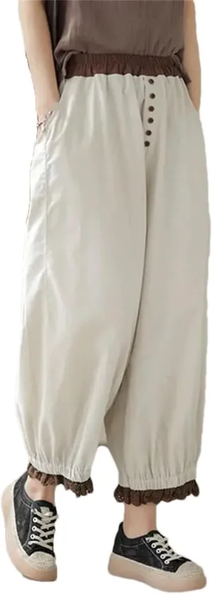 Hndudnff Women High Waist Harem Pants with Pockets Solid Trousers Loose Cotton Ankle-Length Pant