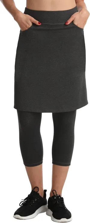 HOKOYI Modest Skirt with Leggings Attached for Women Workout Knee Length Swim Capri Pants with 2 Pockets