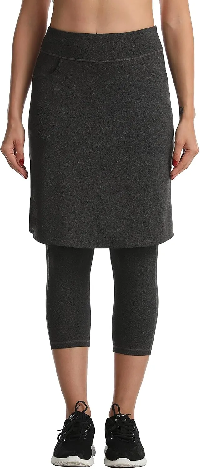 HOKOYI Modest Skirt with Leggings Attached for Women Workout Knee Length Swim Capri Pants with 2 Pockets