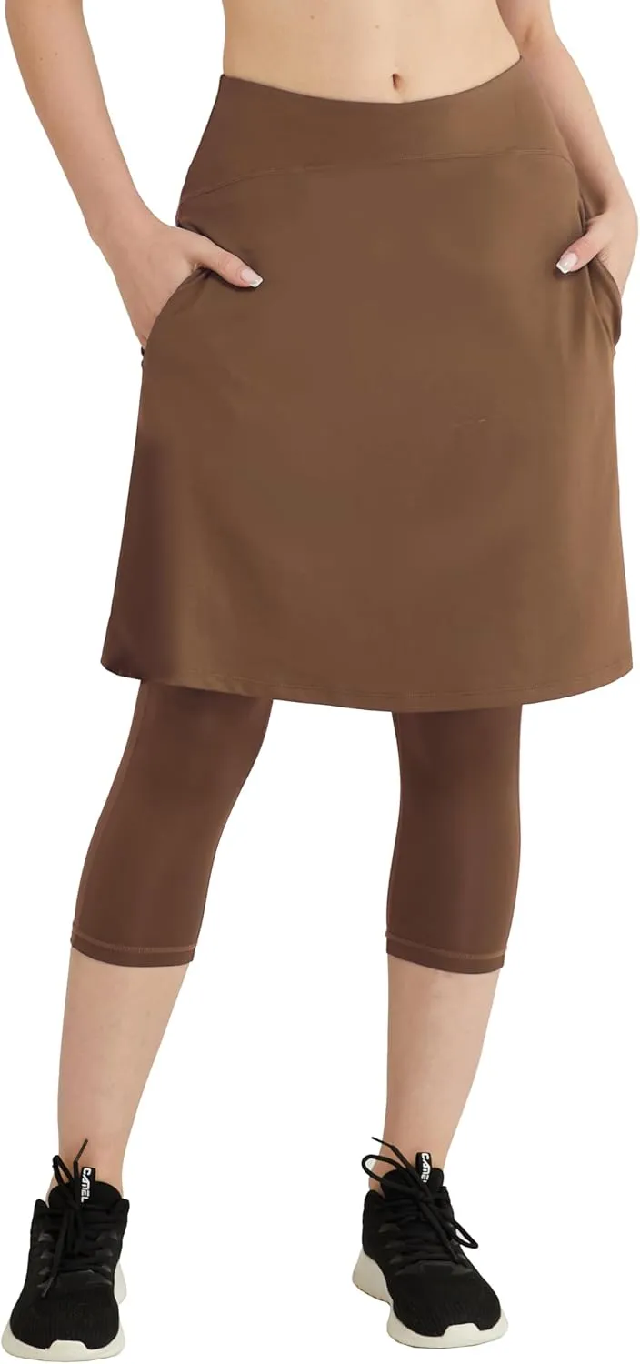 HOKOYI Women 20" Athletic Knee Length Skirt with Leggings Attached Modest Skirted Capris Zipper Pockets