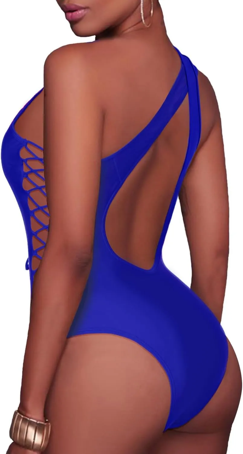 Holipick Women Sexy One Piece Swimsuit One Shoulder Bathing Suit Lace Up Swimwear Monokini