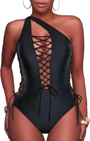 Holipick Women Sexy One Piece Swimsuit One Shoulder Bathing Suit Lace Up Swimwear Monokini